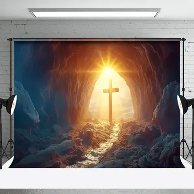 Aperturee Rugged Cave Sunrise Scene Cross Easter Backdrop, 3X2FT(1MX0.6M), 14 USD, easter backdrops, NYHD6I18-M