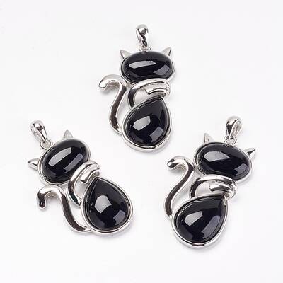 Natural Black Agate Kitten Pendants