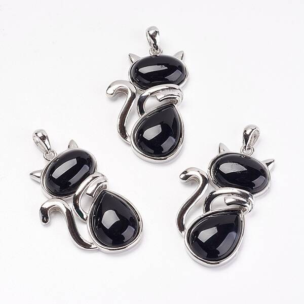 Natural Black Agate Kitten Pendants