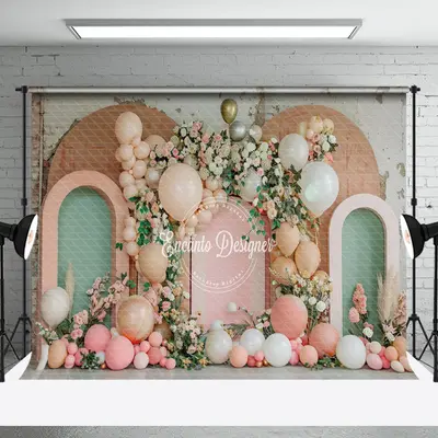 Retro Green Pink Arch Floral Cake Smash Backdrop - Aperturee