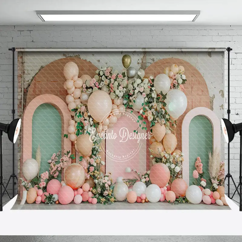 Retro Green Pink Arch Floral Cake Smash Backdrop - Aperturee