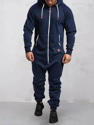 Hooded Fleece Solid Color Jumpsuit, Navy Blue / M