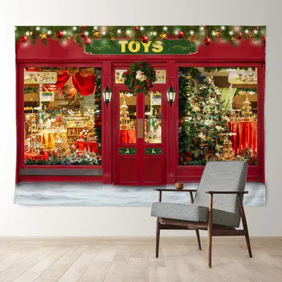 Aperturee Toy Store Red Door Wreath Light Christmas Backdrop