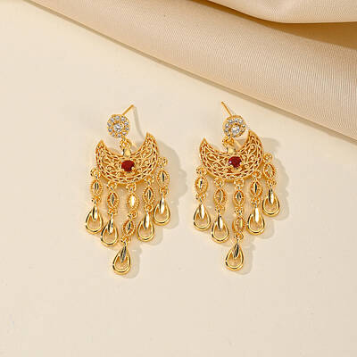 Golden Crescent Moon Tassel Brass Dangle Stud Earrings