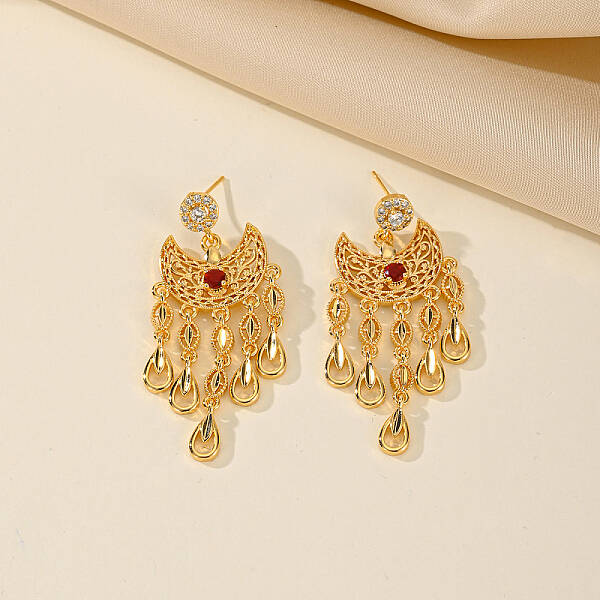 Golden Crescent Moon Tassel Brass Dangle Stud Earrings