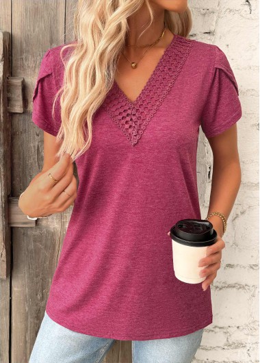 Modlily Dark Reddish Purple Short Sleeve V Neck T Shirt - XXL