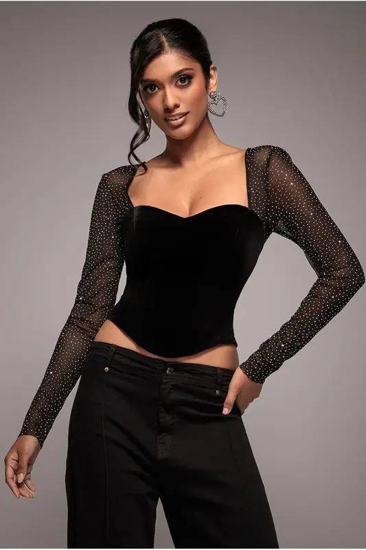 Goddiva Diamante Long Sleeve Velvet Dipped Hem Top - Black