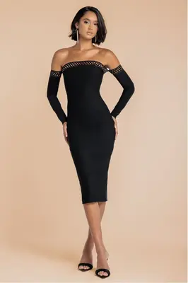 Goddiva Boobtube Ribbed Midi Dress With Split - Black