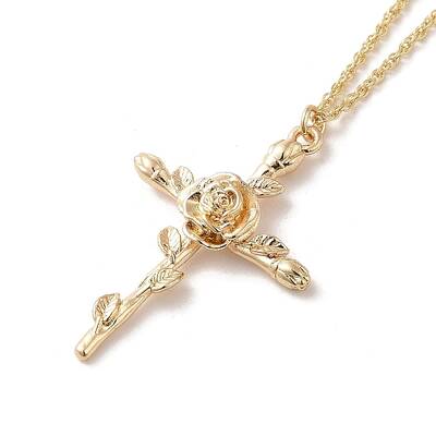 304 Stainless Steel Cross with Flower Pendant Necklaces for Women