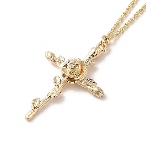 304 Stainless Steel Cross with Flower Pendant Necklaces for Women