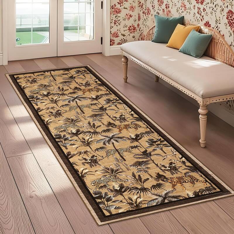 Garvee Brown Tiger 2x6 Washable Rug Tropical Jungle Plant Non-Slip Low Pile Stain Resistant Non-Shedding Camel Hallway Kitche...