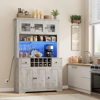 Garvee 68.7 Pantry Cabinet with LED Light and Charging Station, Kitchen Storage Cabinet, Large Hutch with Adjustable Shelves...
