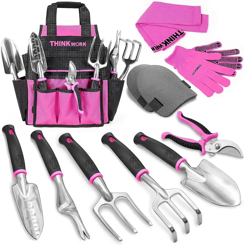 【Fall Deals For You】THINKWORK Pink Garden Tools Set, Floral Gardening Hand Tools, Outdoor Garden Hand Tools, Stainless St...