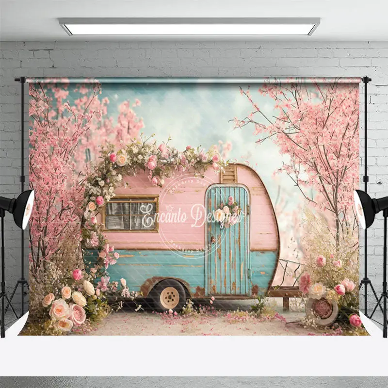 Vintage Pink Blue RV Peach Flower Spring Backdrop - Aperturee