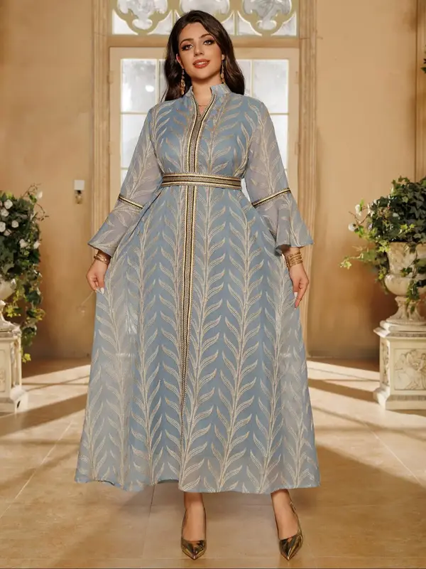 Autumn Winter Light Blue Embroidered Elegant Fashion Arabic Robe Holiday Dress, Women's Long Sleeve Maxi Dress Arabian Dress