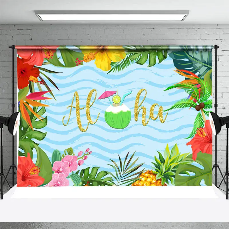 Floral Leaves Coconut Tropical Summer Photo Backdrop - Aperturee