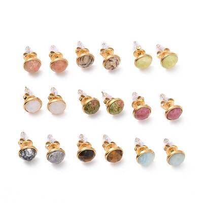 Ion Plating(IP) Natural Gemstone Flat Round Stud Earrings