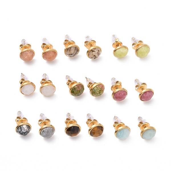 Ion Plating(IP) Natural Gemstone Flat Round Stud Earrings
