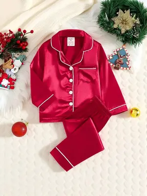 Kids' Satin Pajamas - Navy Blue Long-Sleeve & Long-Pant Set for Boys & Girls 1-8 Years Soft Polyester Loungewear