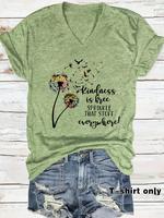 Women's Dandelion & Letter Print V Neck Shortsleeve Tee, Casual Short Sleeve T-shirt for Summer, Ladies Clothes for Daily Wea...