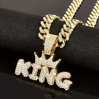 Men's Hip Hop Punk Crown KING Pendant 60CM Cuban Necklace with Rhinestones,Fashion Jewelry for Adults