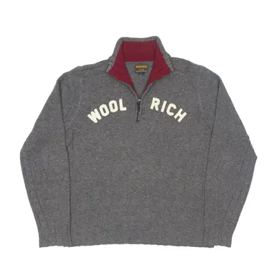WOOLRICH Big Logo Jumper Grey Tight Knit Wool 1/4 Zip Mens L