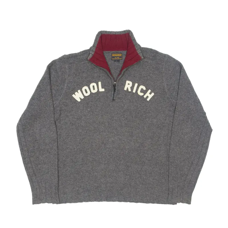 WOOLRICH Big Logo Jumper Grey Tight Knit Wool 1/4 Zip Mens L