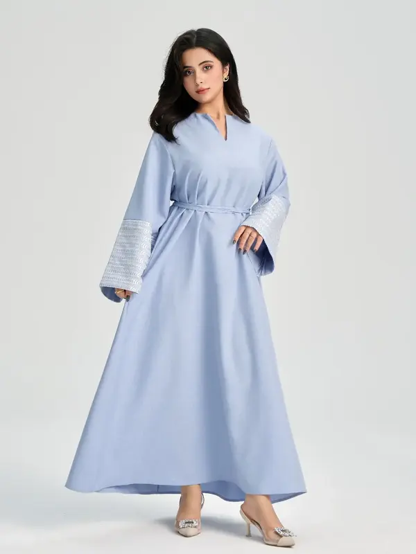 Women's Plain Embroidery Long Sleeve Dress, Casual Long Arabian Dress for Daily Wear, Muslim Clothing for All Seasons