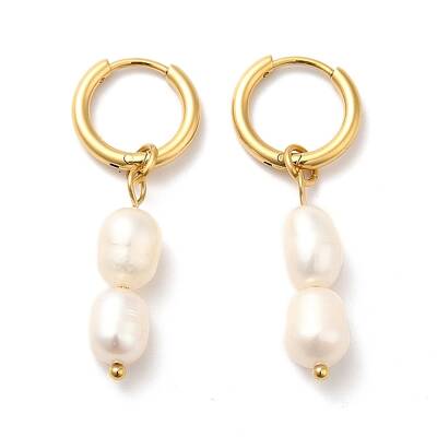 Ion Plating(IP) Double Natural Pearl Dangle Hoop Earrings