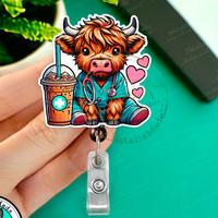 Highland Cow In Scrubs Retractable Badge Reel- Cute Cow with Coffee ID Badge Holder for Nurses, Pediatrics, NICU Labor and De...