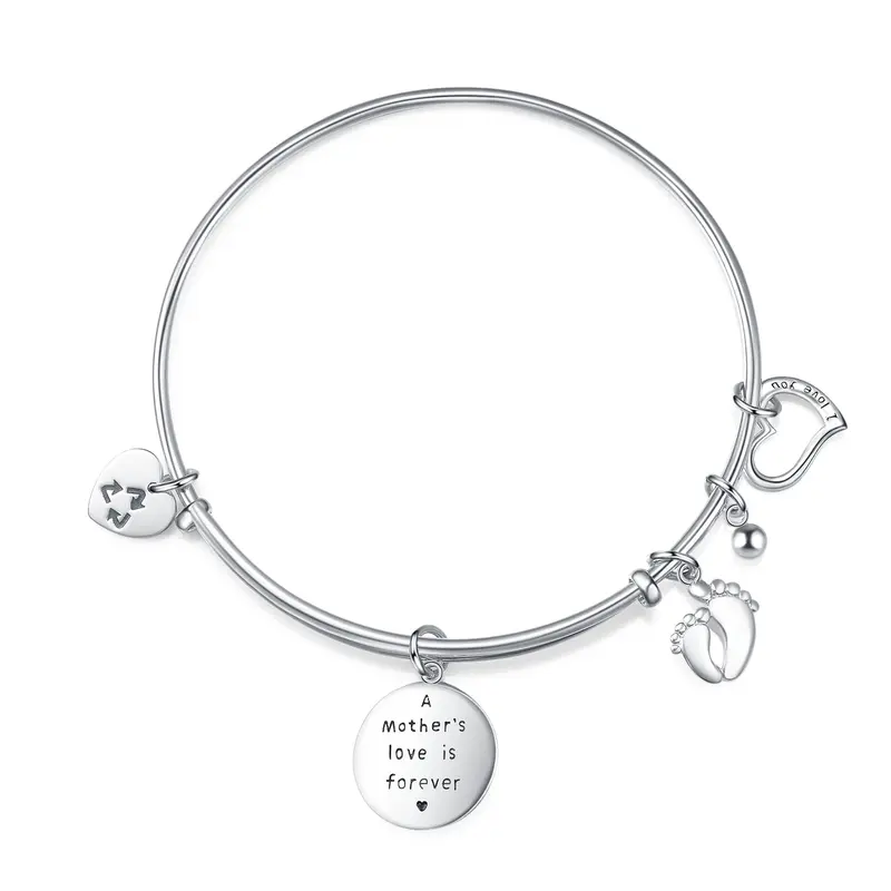 Sterling Silver Feet & Heart Pendant Bangle with Engraved Word