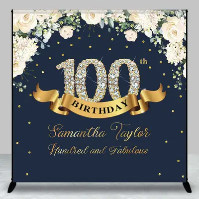 Custom Navy Blue Pink Floral 100th Birthday Backdrop - Aperturee