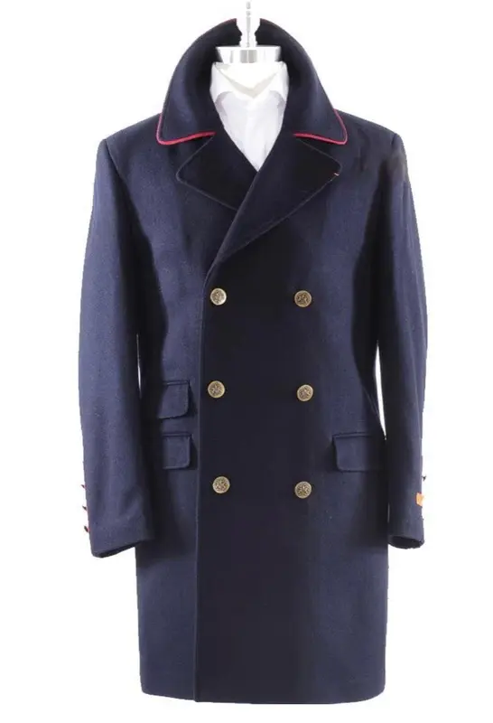 Wool Double Breasted Red Line Topcoat - Blue