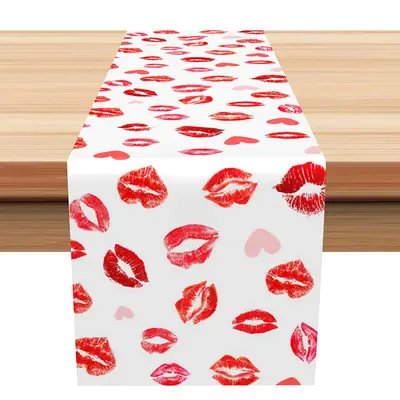 Red Lip Heart Shape Table Runner For Valentines Day - Aperturee