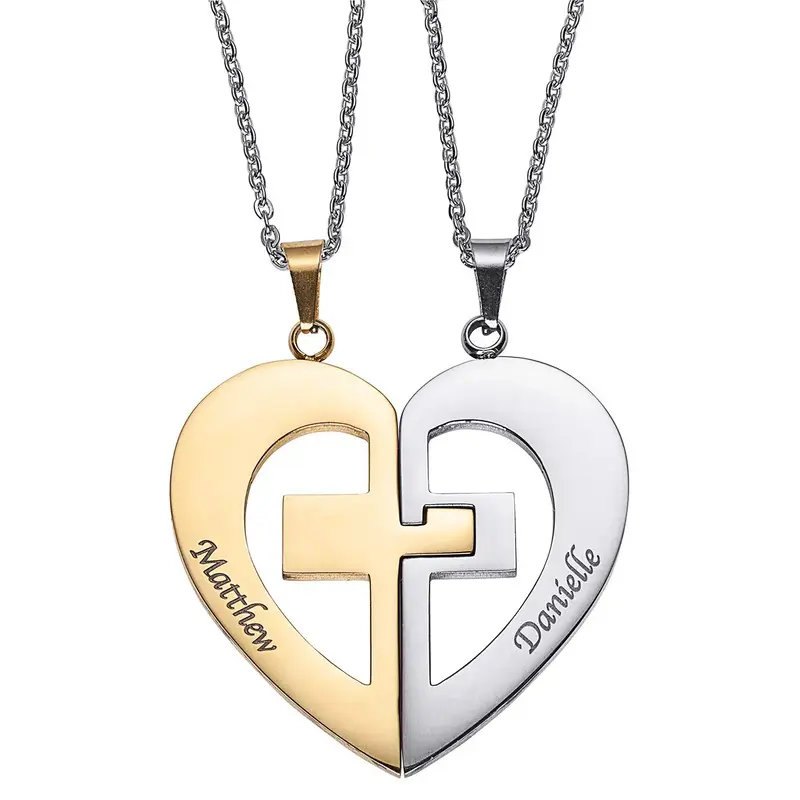Sterling Silver Two-Tone Couple & Cross & Heart Pendant Necklace For Women