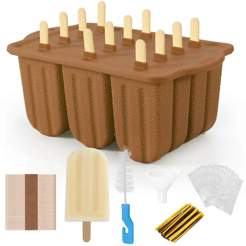 Silicone Ice Cream Mold Set, 12-grid Ice Cream Mold with Wood Popsicle Sticks, Bags, Funnel and Brush, Summer Ice Cream Makin...