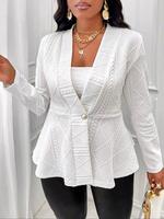 【Plus Size】 Solid Textured Button Front Blazer, Casual Fitted Jackets, Long Sleeve Deep V Neck Outerwear for Work Office ...