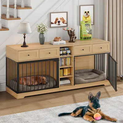 Garvee 82” Large Dog Crate for 2 Dogs, Dog Kennel Indoor with 4 Drawers and Shelves, Double Dog Crate Furniture TV Stand, W...