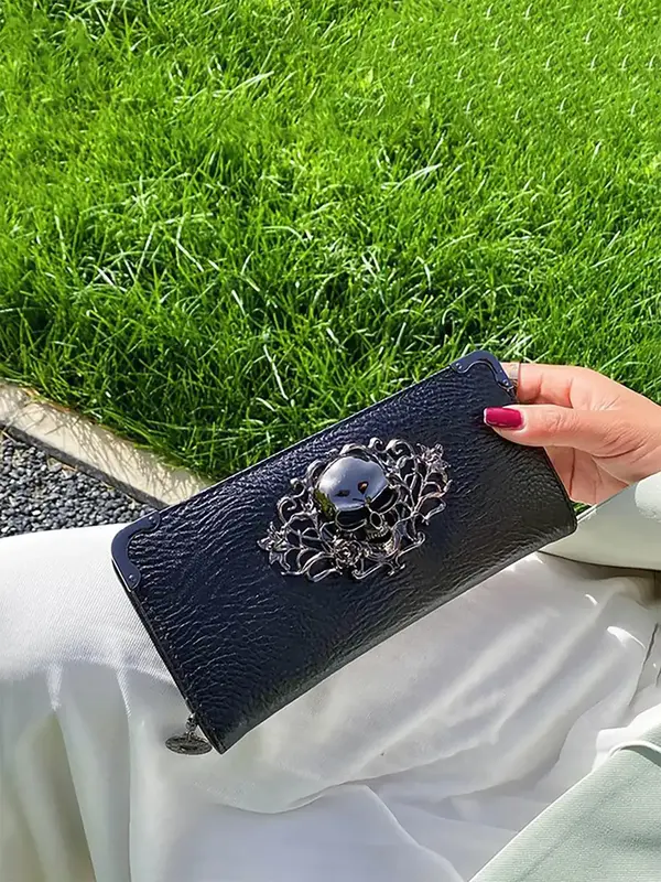 Women's Trendy Punk Style Skull Design Long Wallet, Casual Pu Leather Zipper Long Purse, Fashionable Wallet for Daily Use for...