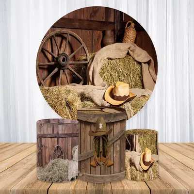 Aperturee Cowboy Hat Straw Wood Round Baby Shower Backdrop Kit | Custom Round Backdrop Cover | Custom Round Backdrop | Circle...