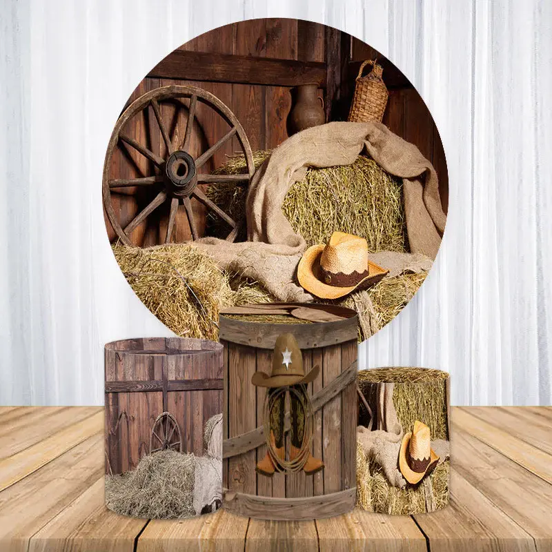 Aperturee Cowboy Hat Straw Wood Round Baby Shower Backdrop Kit | Custom Round Backdrop Cover | Custom Round Backdrop | Circle...