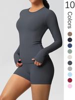 Women's Solid Long Sleeve Tee & Skinny Shorts Tracksuit Set, Breathable Sweat-absorbing T-shirt & High Stretch Yoga Leggings,...