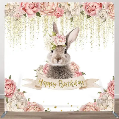 Pink Floral Rabbit Fabric Backdrop Cover for Birthday - Aperturee