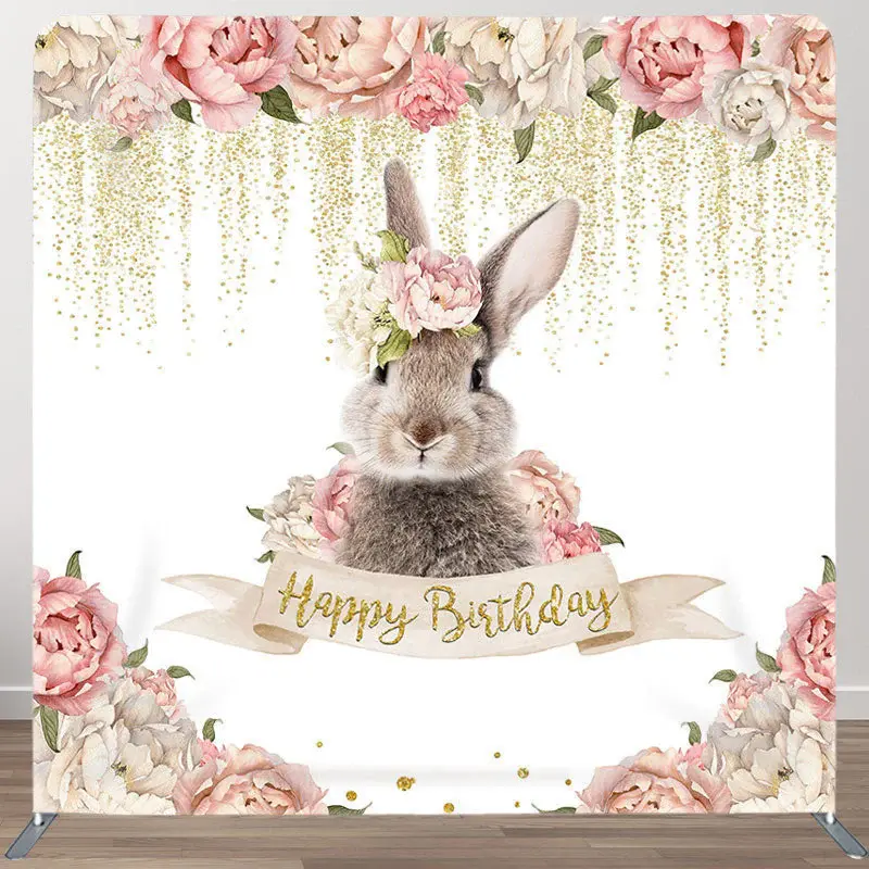 Pink Floral Rabbit Fabric Backdrop Cover for Birthday - Aperturee