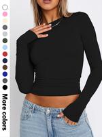 Women's Solid Long Sleeve Round Neck Crop Tee, Casual Fitted Basic Crew Neck Skinny T-shirt for Daily Wear, Ladies Clothes fo...