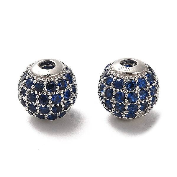 Rhodium Plated 925 Sterling Silver Micro Pave Cubic Zirconia Beads