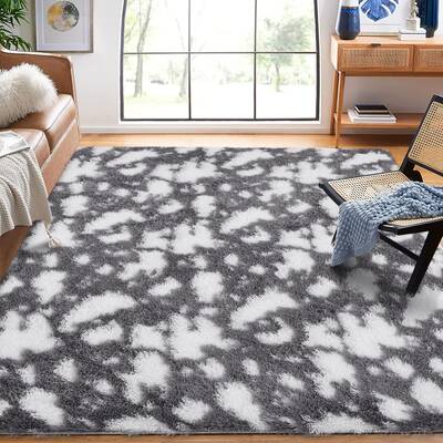Garvee 10x13 Soft Fluffy Large Rugs for Living Room Dark Grey Shaggy Area Rug with Non Slip Rubber Backing Modern Cow Print T...