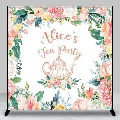 Custom Name Colorful Floral White Tea Party Backdrop
