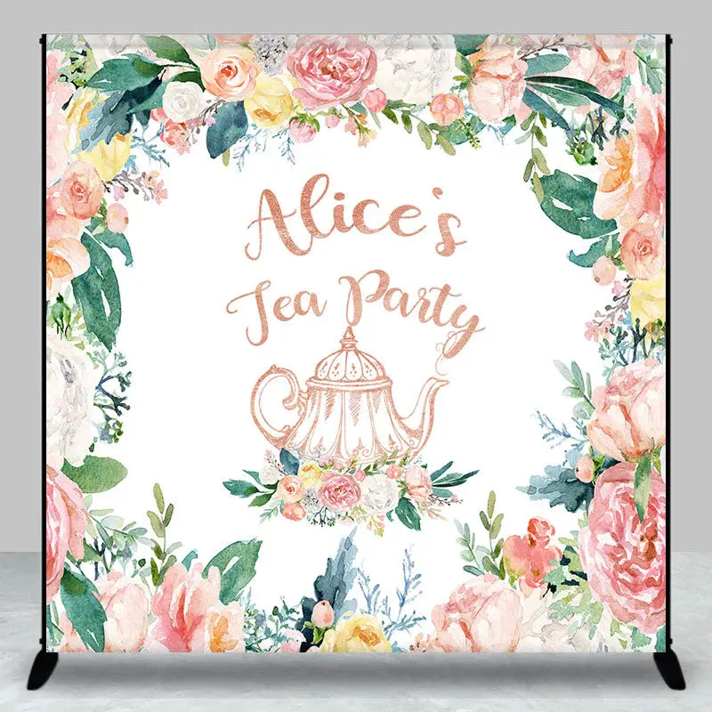 Custom Name Colorful Floral White Tea Party Backdrop