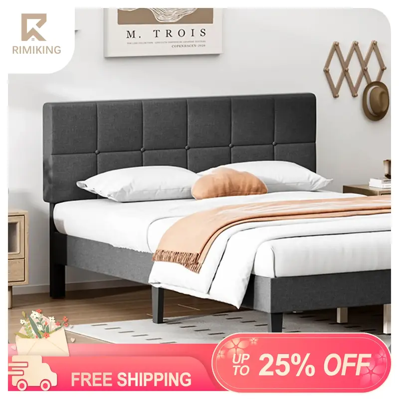 RIMIKING Adjustable Upholstered Bed Frame with Headboard,Comfortable Upholstery,Durable Construction,Modern and Elegant Desig...